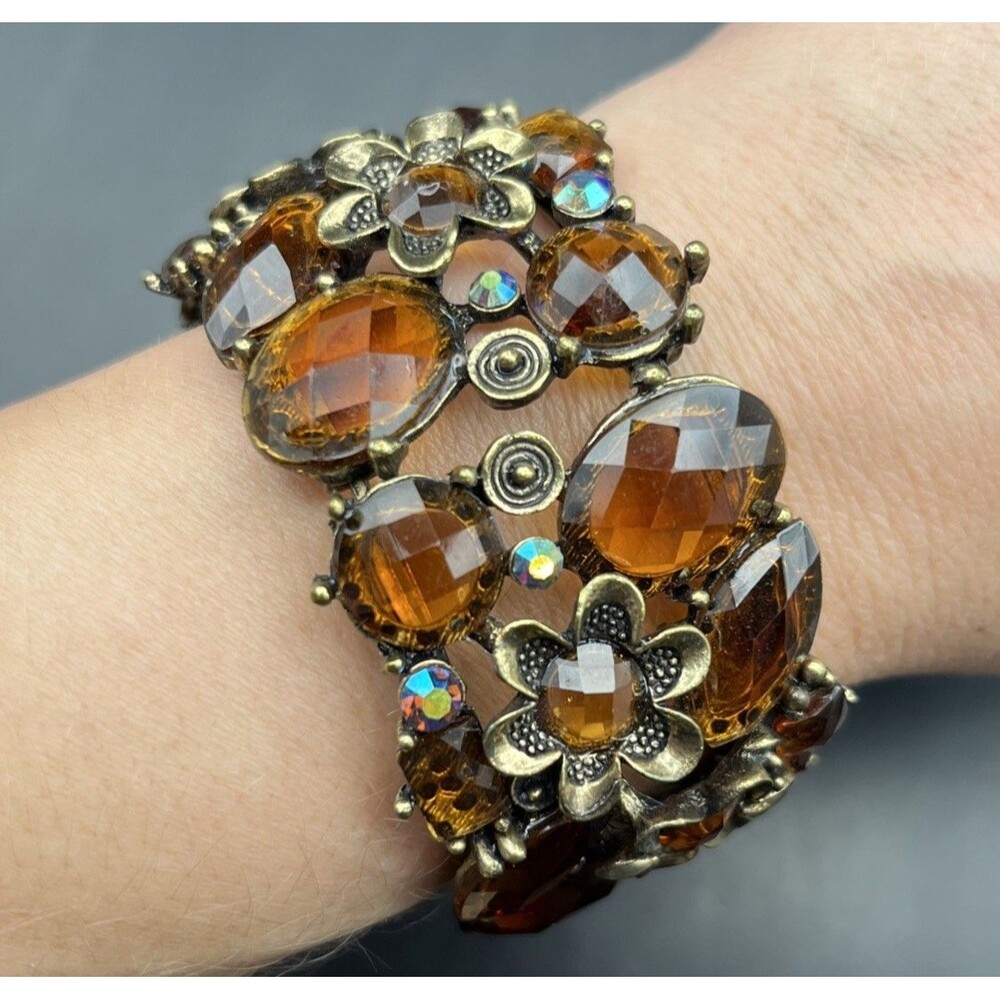 Chunky Amber Tone Rhinestone Wrap Bracelet Antiqued Gold Tone Flower Floral AB
